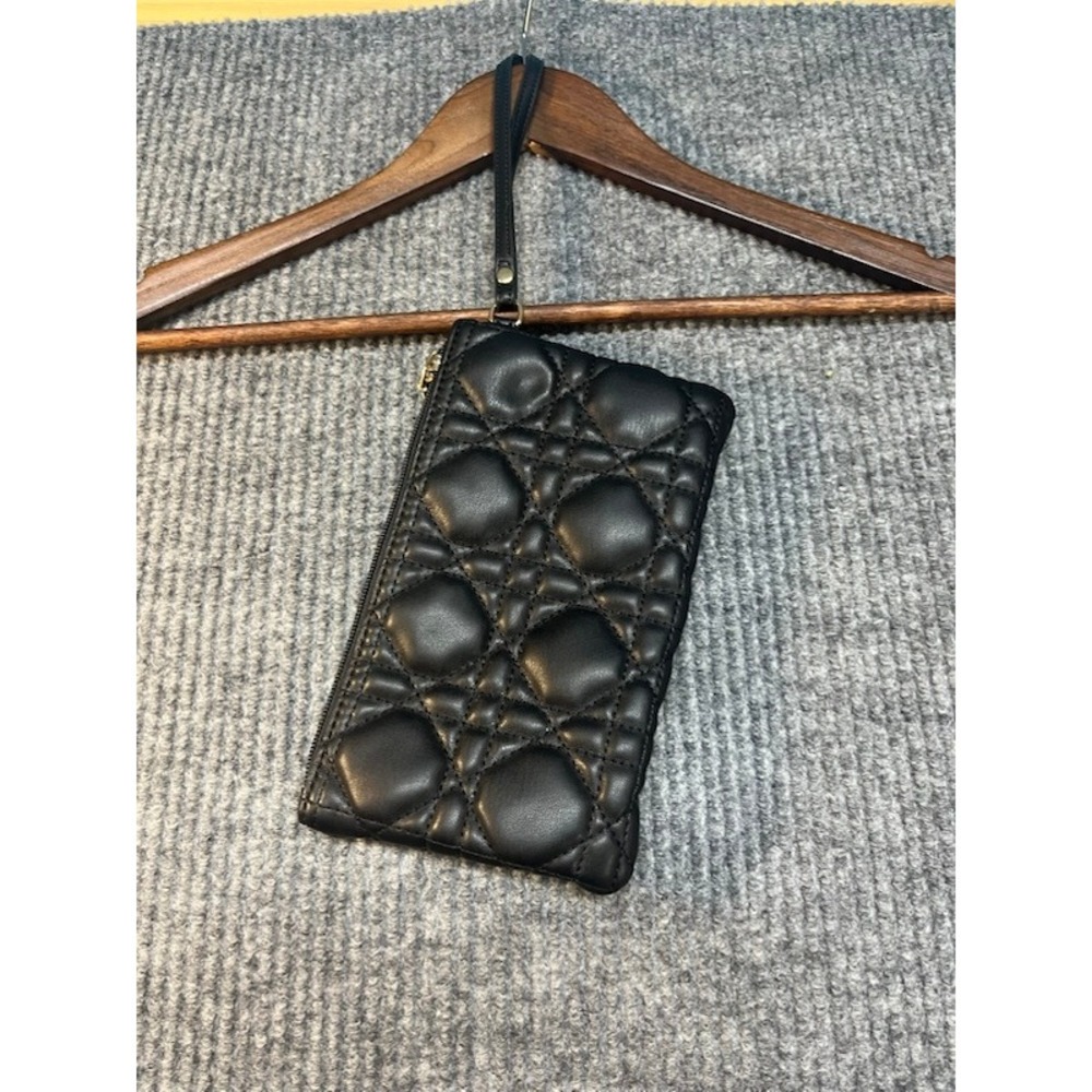Lovelook Black Quilted Wristlet PouchCannage Stitch Zip Clutch Bag Gold Hardware
